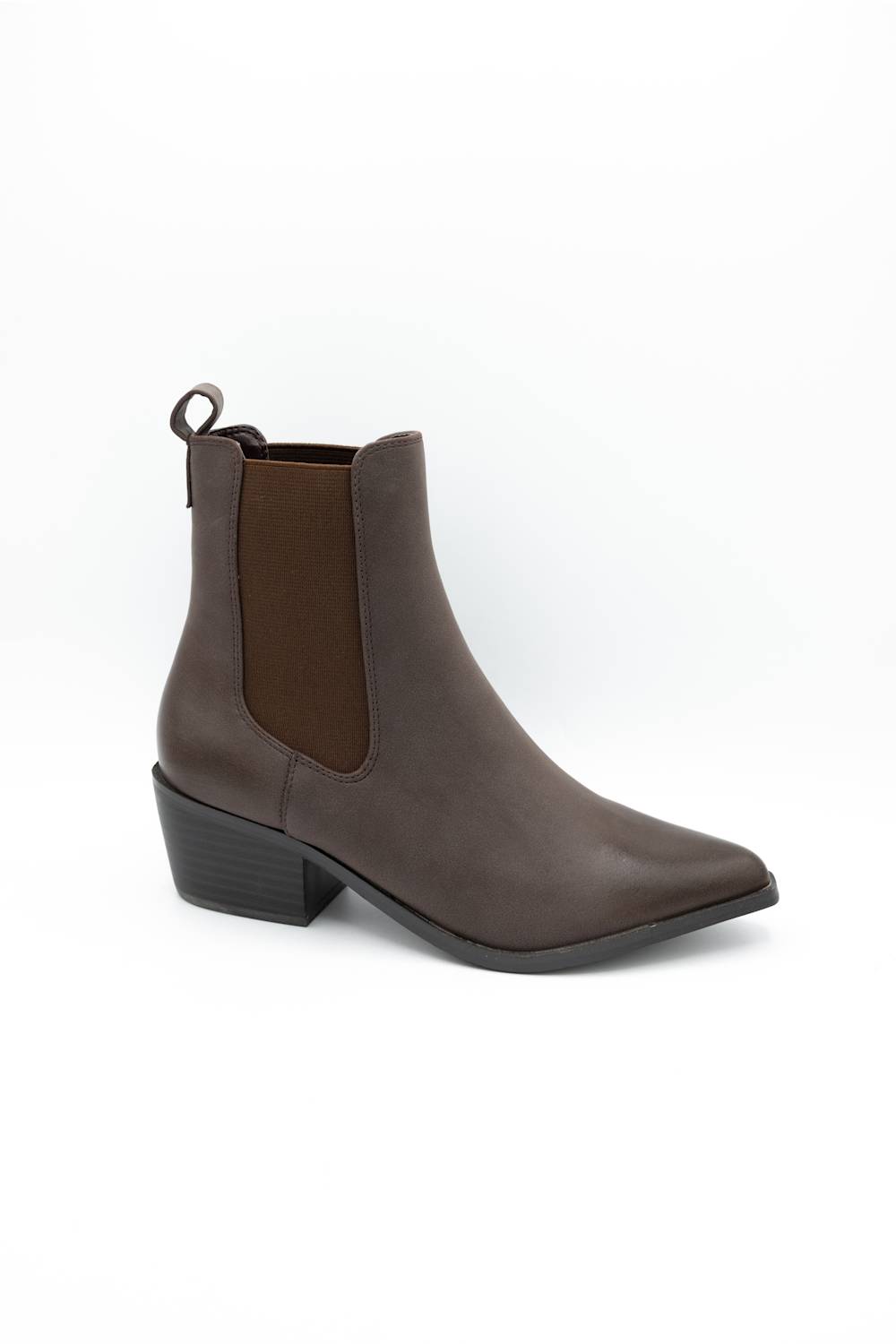 A dark brown leather ankle boot with a pointed toe, a low block heel, and elastic side panels, shown from a side profile on a white background.