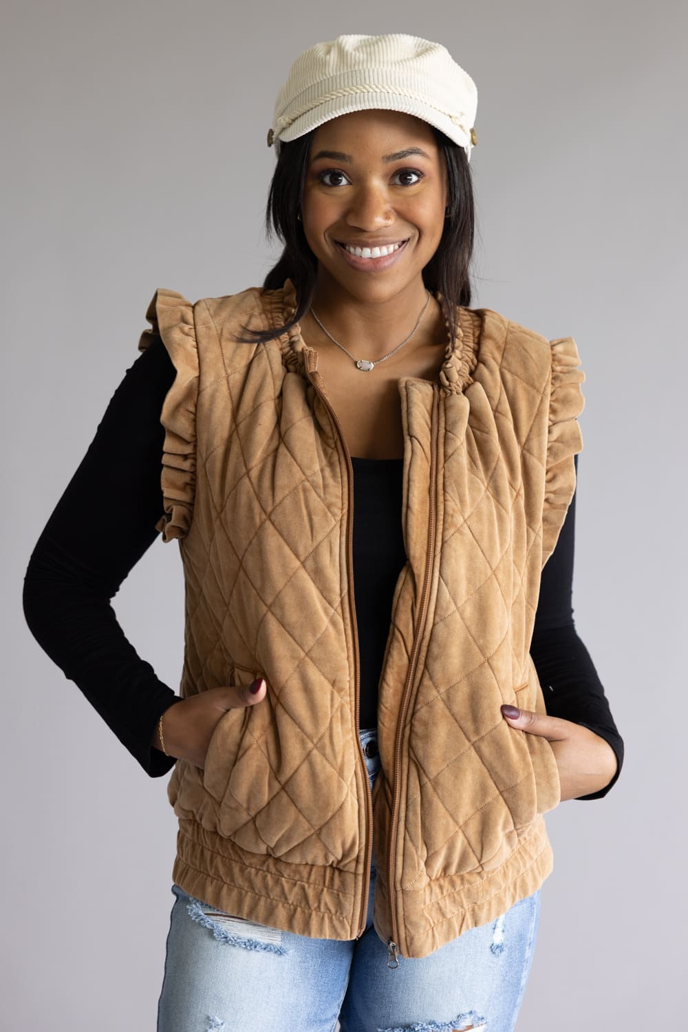Garment Washed Quilted Ruffle Sleeve Vest for Women in Brown