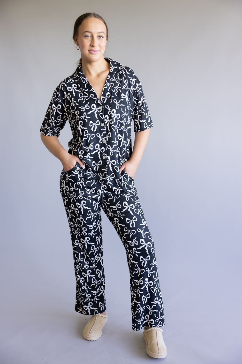 Bow Soft Pajama Set for Women in Black
