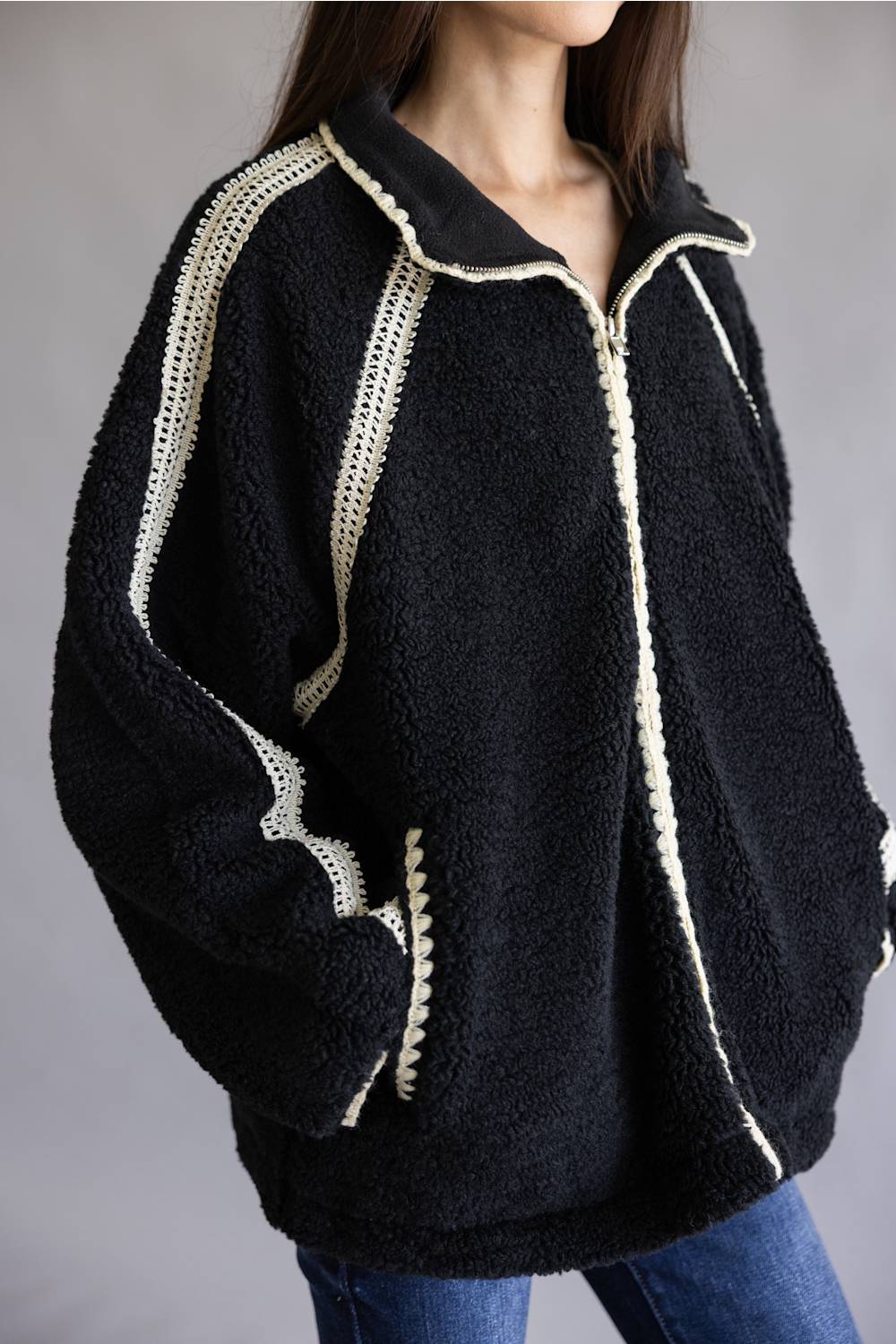 Katydid Sherpa Crochet Jacket for Women in Black | KDC-JKT-25-BLK