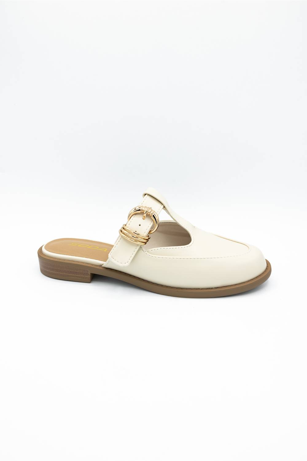 An off-white leather mule slide featuring a decorative gold-tone buckle strap across the top and a low brown block heel, shown against a plain white background.