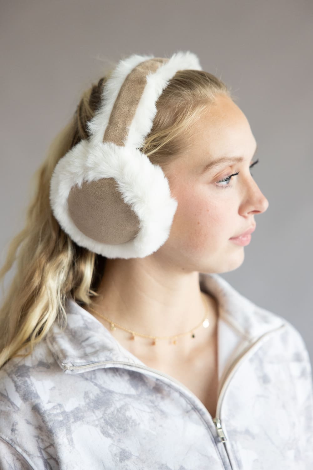 Sherpa Fur Earmuffs for Women in Taupe