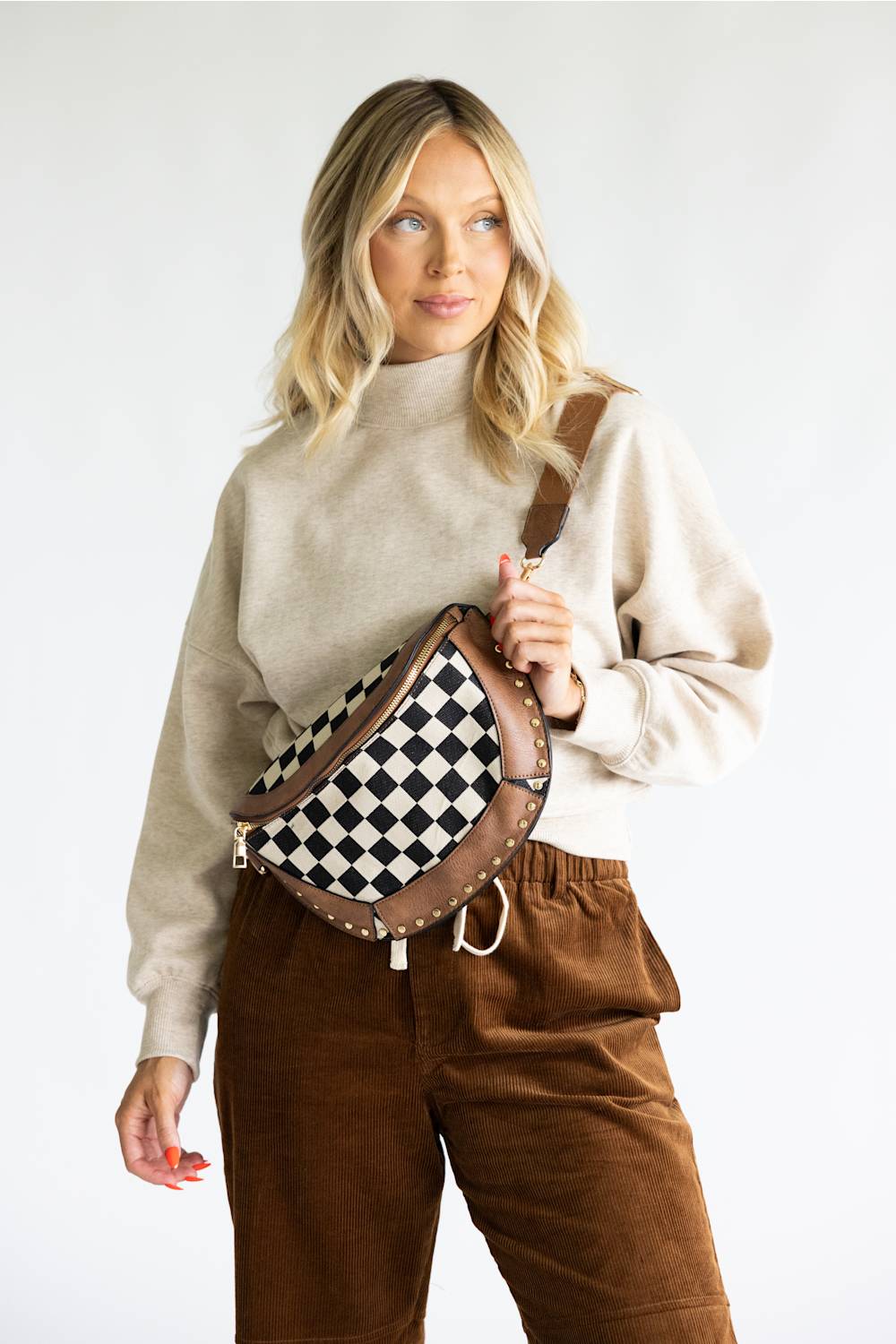 KW Fashion Checkered Crossbody Bag for Women in Brown