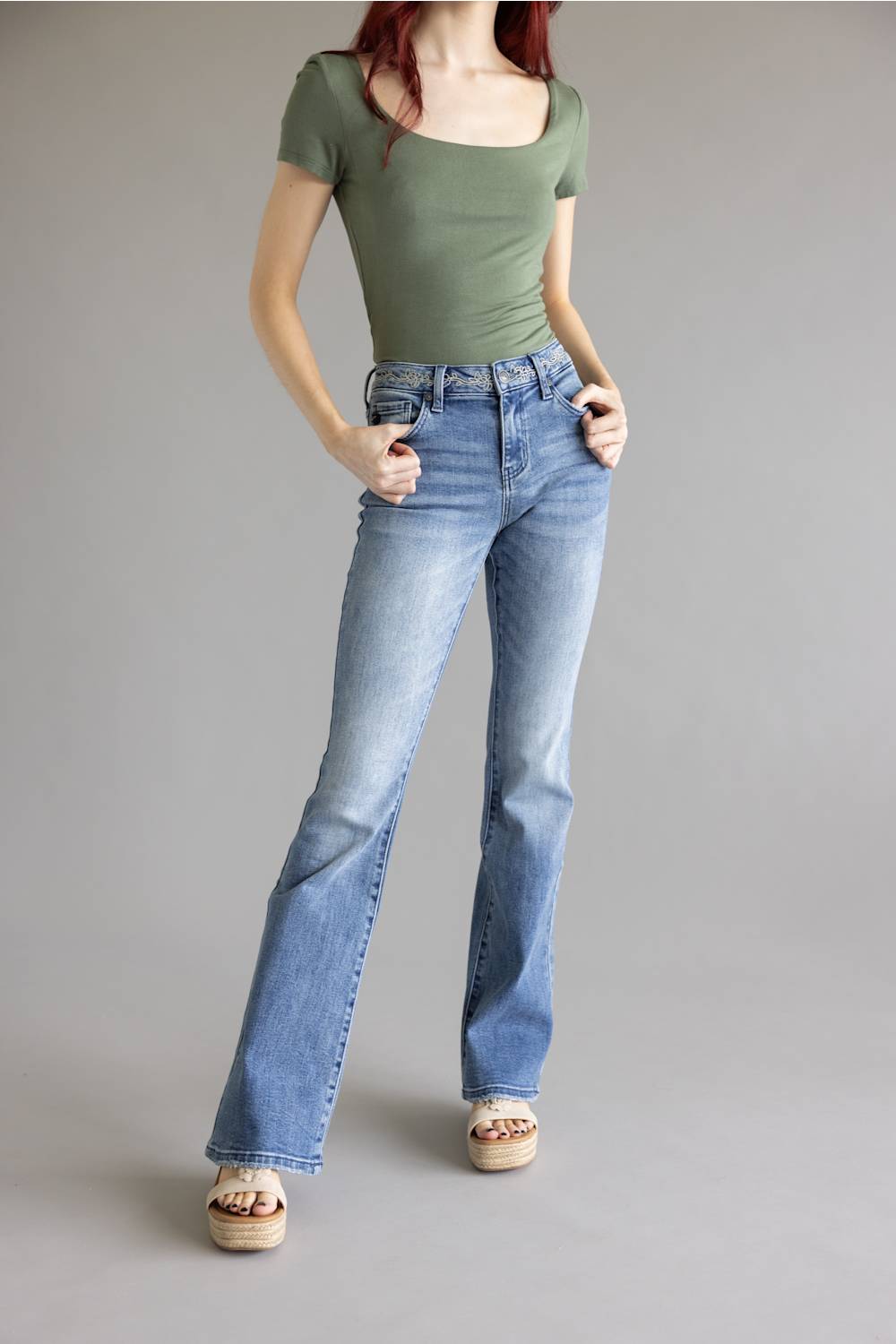 KanCan Embroidered Mid Rise Flare Jeans for Women