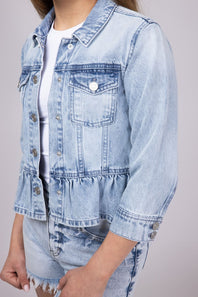 KanCan Youth Peplum Ruffle Denim Jacket for Girls in Light Wash