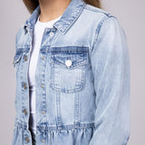 KanCan Youth Peplum Ruffle Denim Jacket for Girls in Light Wash