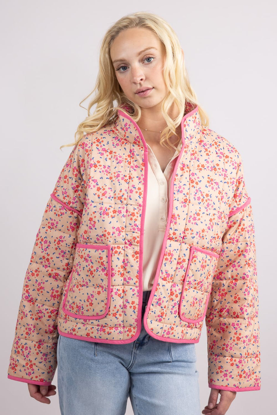 Katydid Floral Quilted Jacket for Women in Pink | KDC-JKT-22