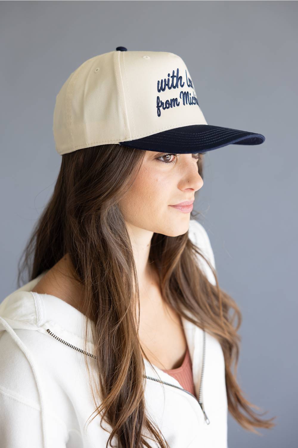 Katydid Love Michigan Trucker Hat for Women in Navy/Tan