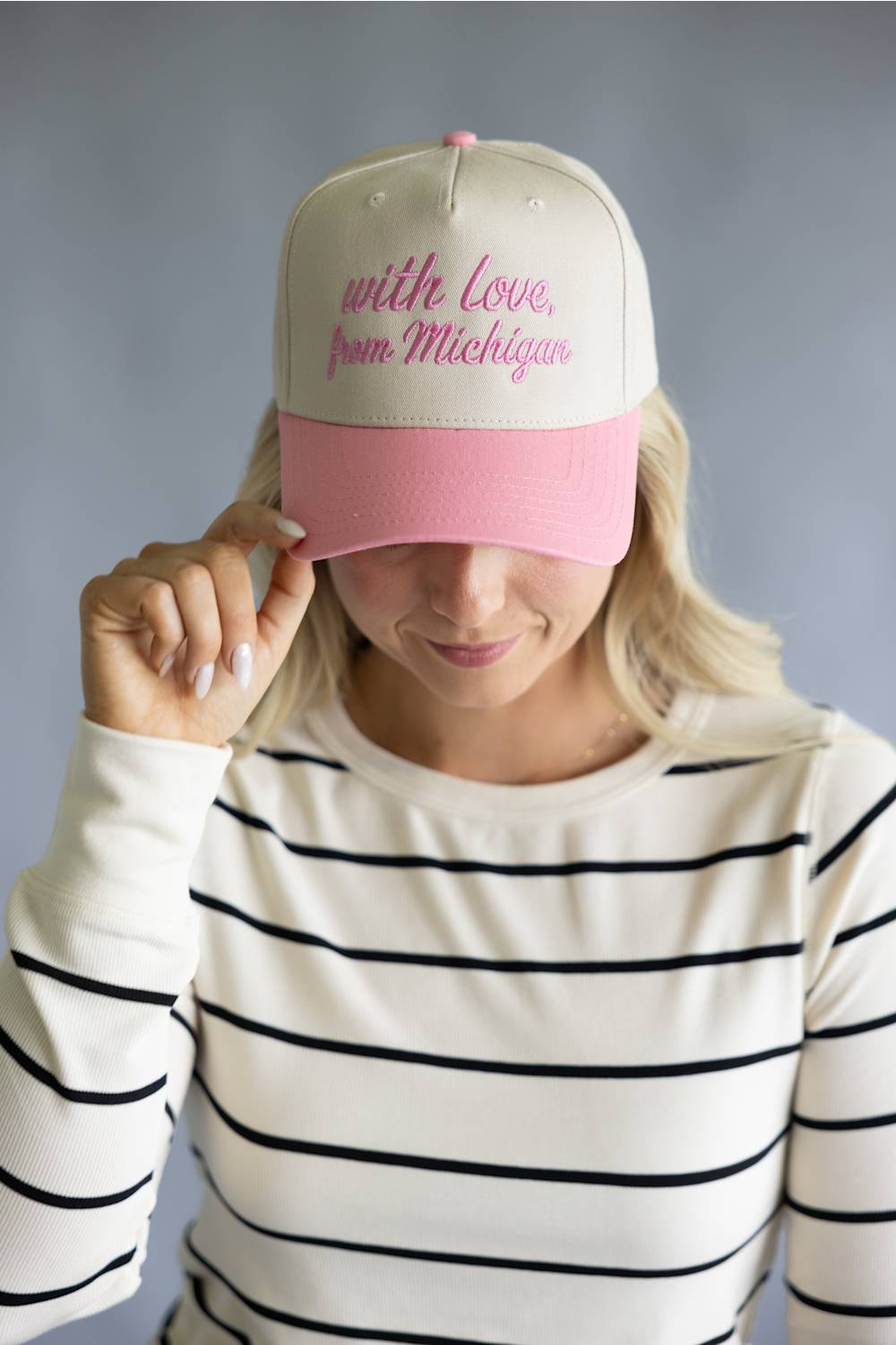 Katydid Love Michigan Trucker Hat for Women in Pink/Tan