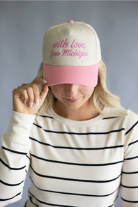 Katydid Love Michigan Trucker Hat for Women in Pink/Tan