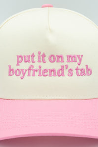 Put It On My Boyfriend’s Tab Trucker Hat for Women in Pink/Tan