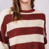 La Miel Striped Waffle Sweater for Women in Red Bean