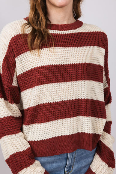 La Miel Striped Waffle Sweater for Women in Red Bean
