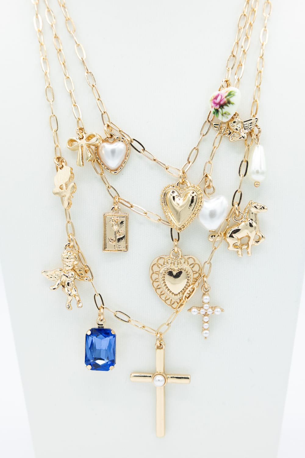 Cross Charm 3 Layer Necklace in Gold