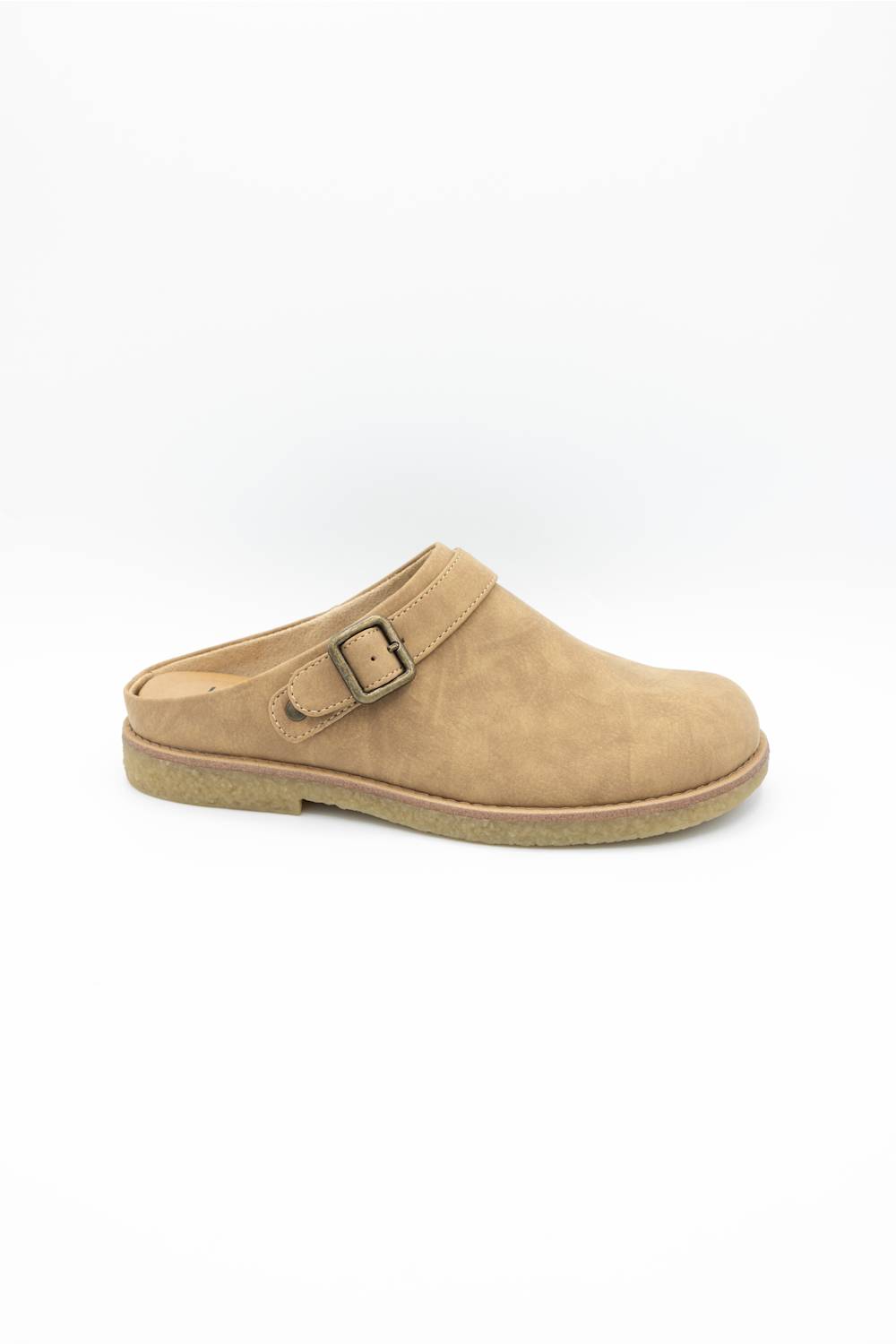 A single tan suede clog shoe with a single strap and a metal buckle, shown from a side profile on a white background.