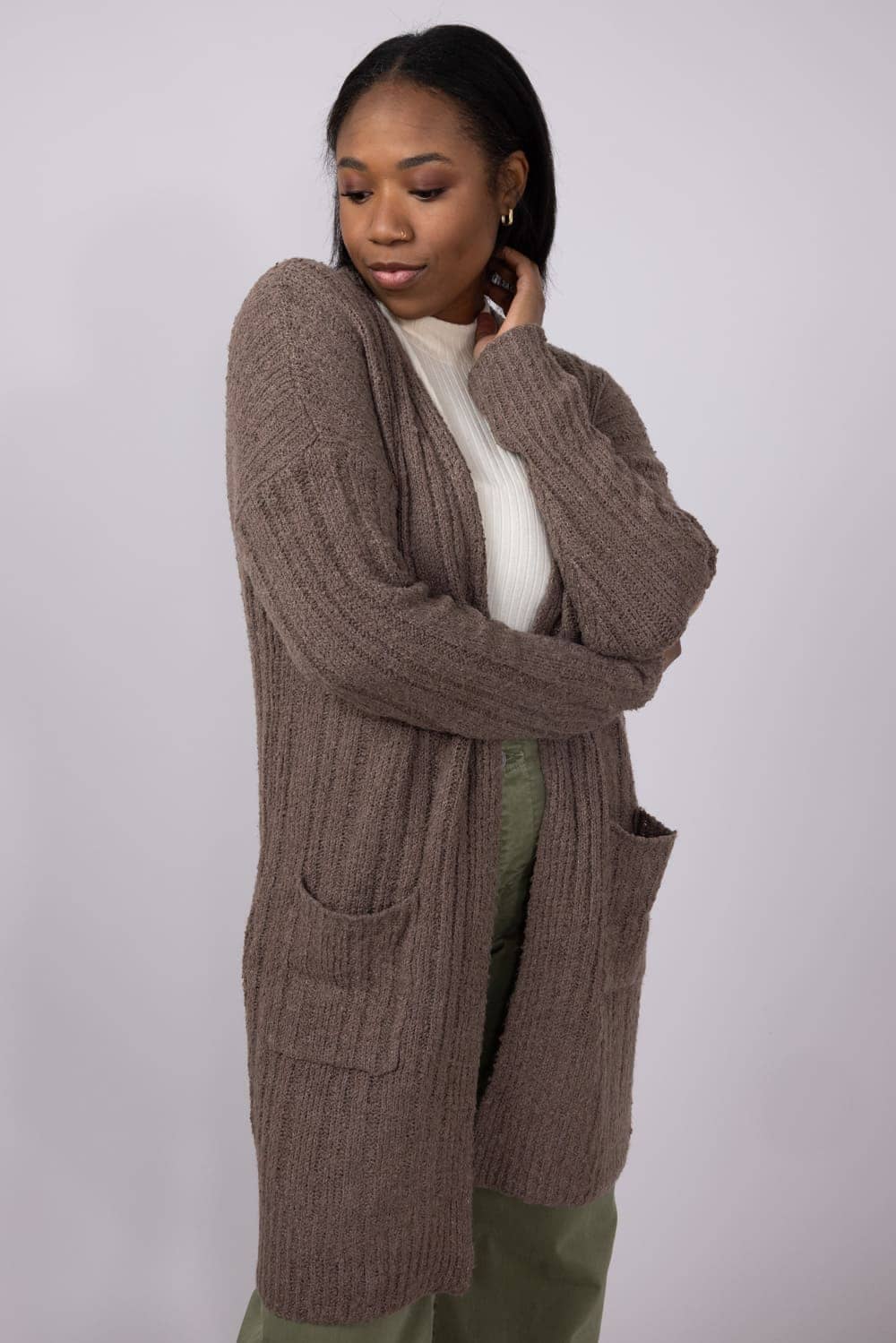Ribbed Cardigan with Pockets for Women in Heather Mocha Bisque