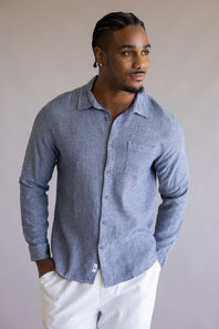 Vintage Summer Linen Button Up Shirt for Men in Navy
