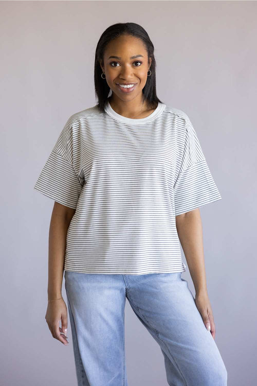 La Miel Basic Striped Drop Shoulder Top hear grey stripe