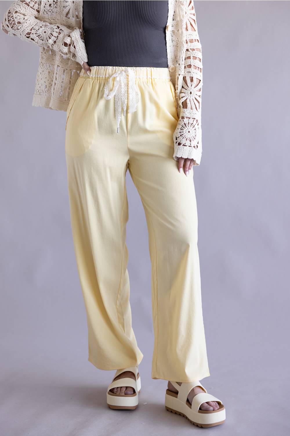 Lace Trim Drawstring Pants for Women in Yellow