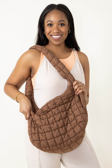 Large Carryall Quilted Puffer Bag for Women in Brown