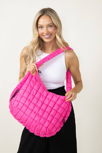 Large Quilted Puffer Bag for Women in Hot Pink