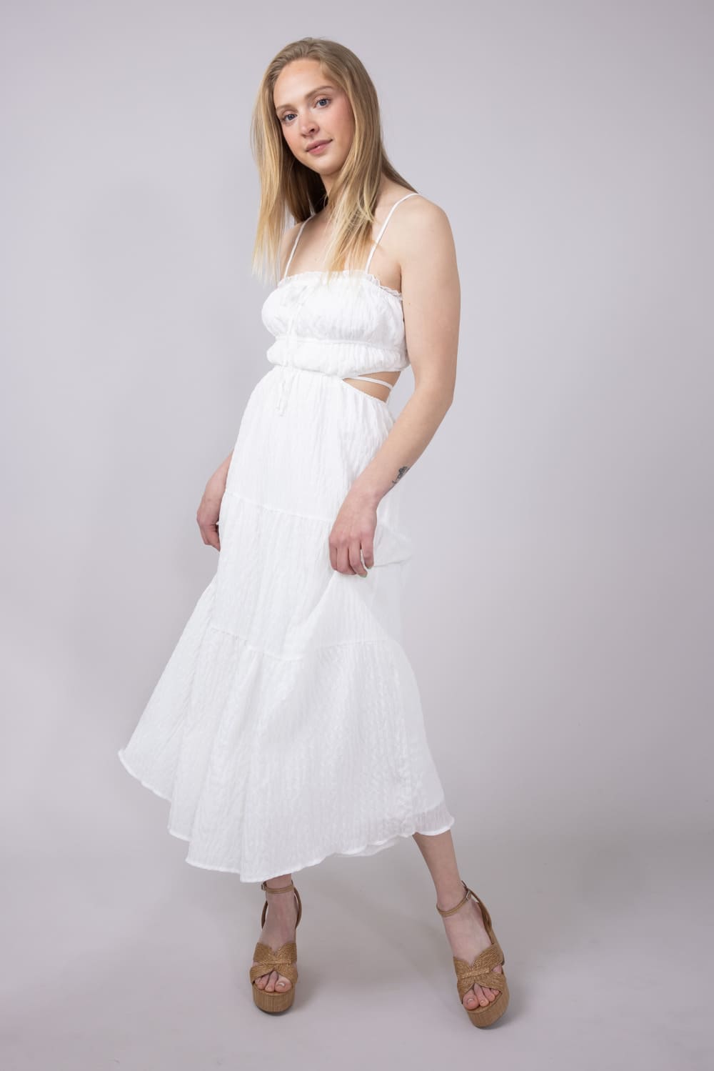 Ruffle Bodice Side Cut Out Dress for Women in White