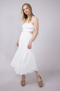 Ruffle Bodice Side Cut Out Dress for Women in White