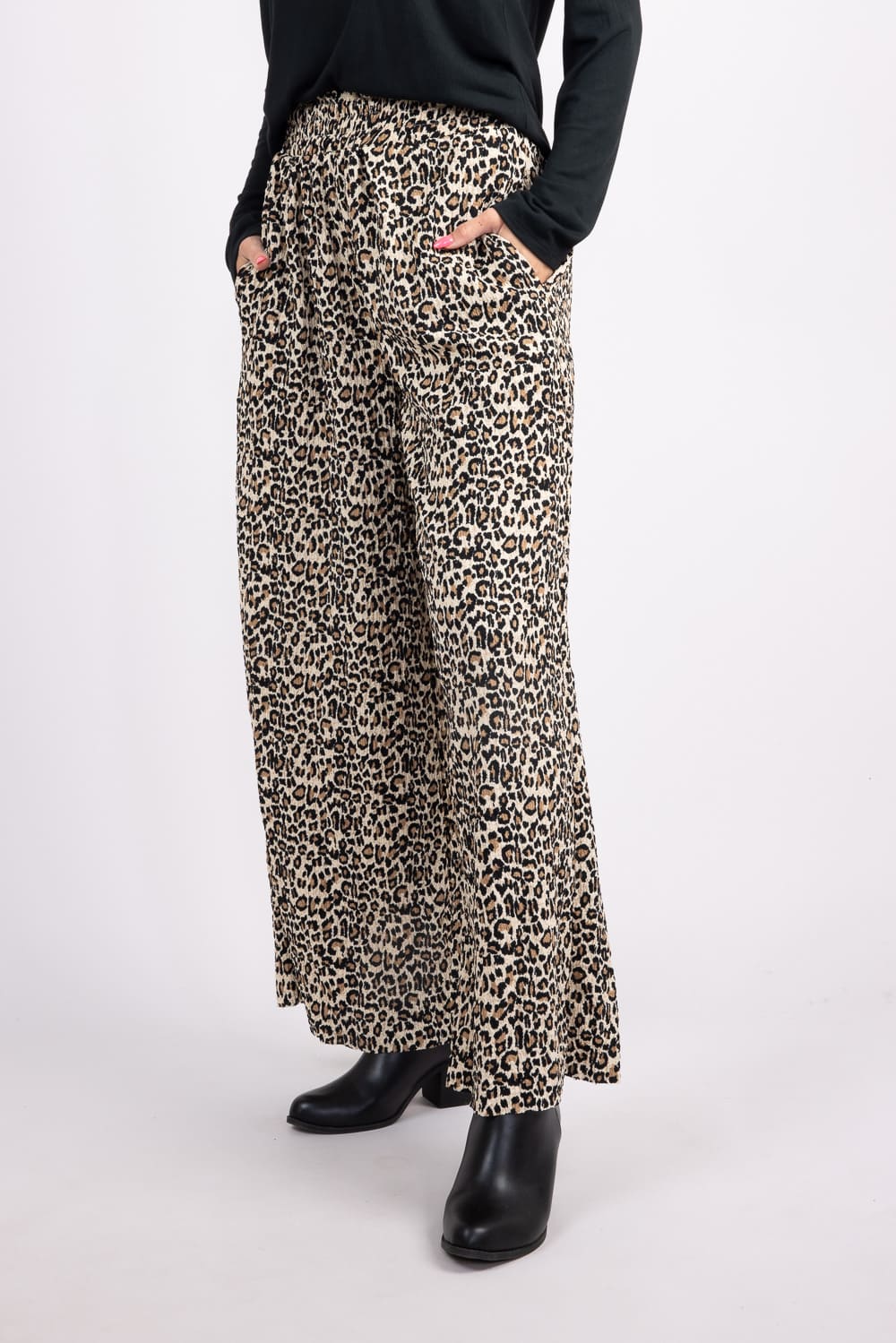 Leopard Smocked Waist Crinkle Flowy Pants for Women in Mocha