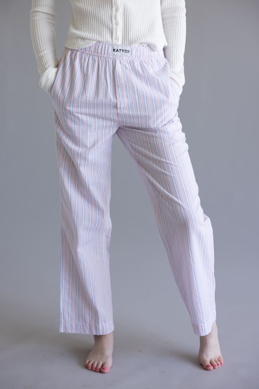 Long Stripe Boxer Pants for Women in Light Pink/Blue