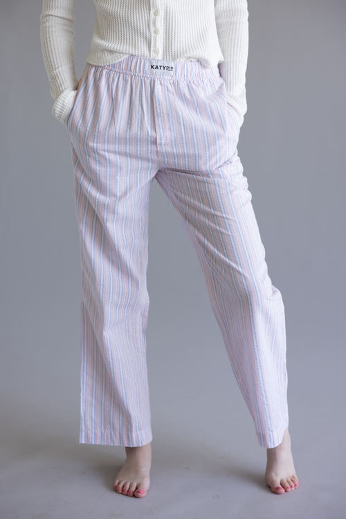 Long Stripe Boxer Pants for Women in Light Pink/Blue
