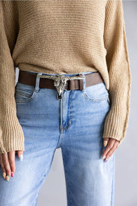 Longhorn Buckle Belt for Women in Dark Brown