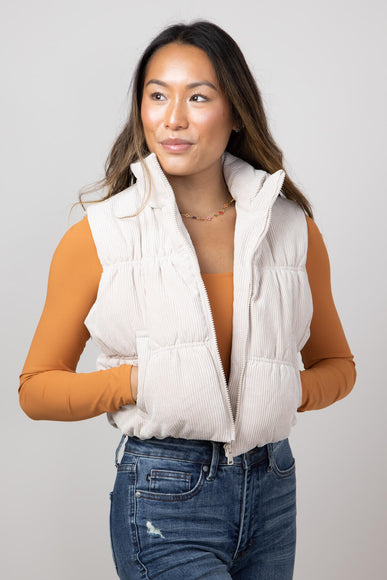 Love Tree Cropped Corduroy Puffer Vest for Women in Cream
