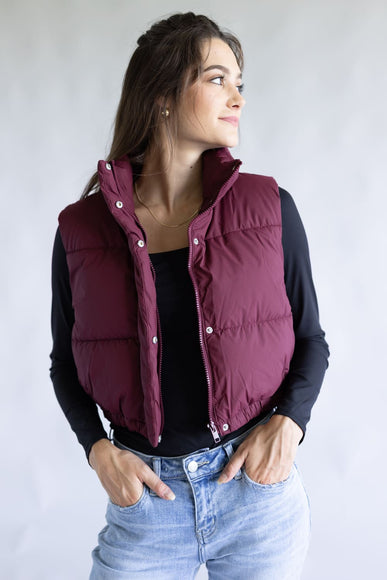 Love Tree Cropped Puffer Vest for Women in Burgundy