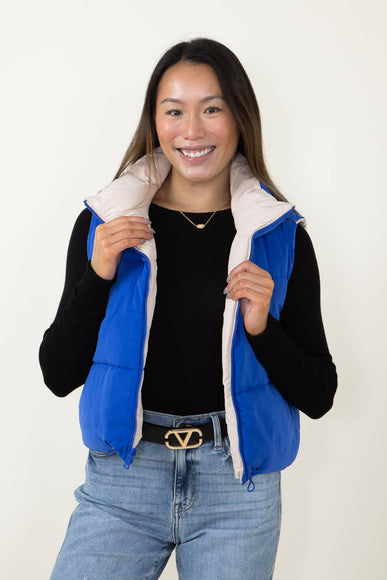 Love Tree Cropped Reversible Puffer Vest for Women in Blue/Beige
