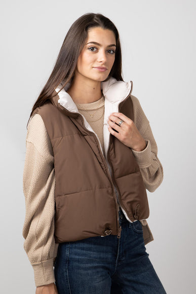 Love Tree Cropped Reversible Puffer Vest for Women in Cocoa/Brown