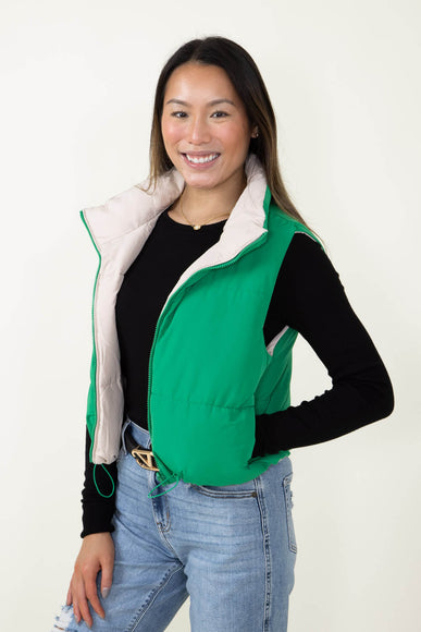 Love Tree Cropped Reversible Puffer Vest for Women in Green/Beige