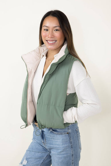 Love Tree Cropped Reversible Puffer Vest for Women in Olive/Beige