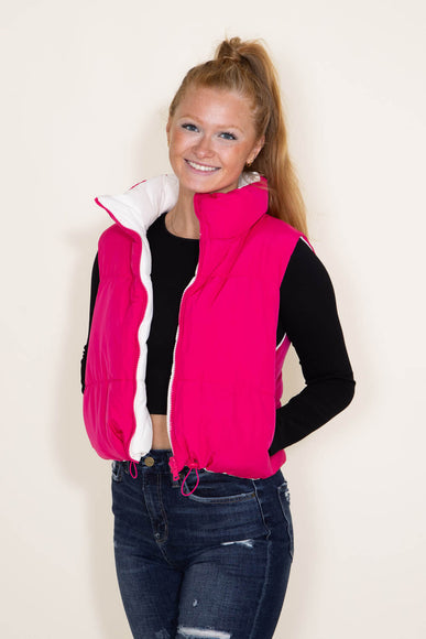 Love Tree Cropped Reversible Puffer Vest for Women in White/Fuchsia