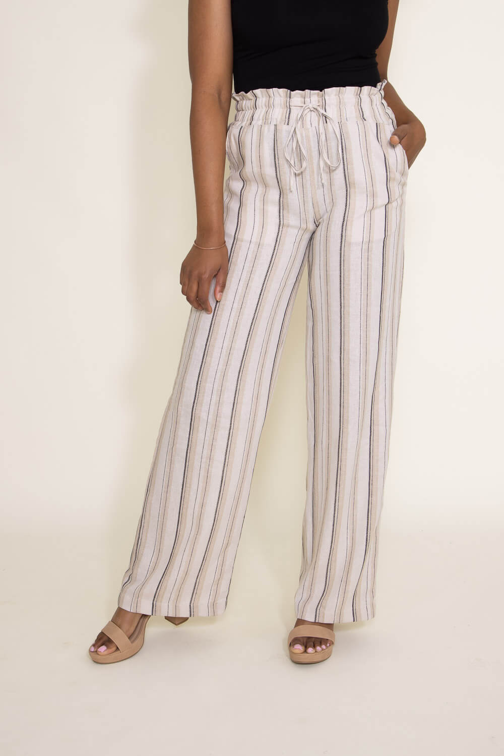 Love Tree Linen Striped Beach Pants for Women in Cream | 6837PD