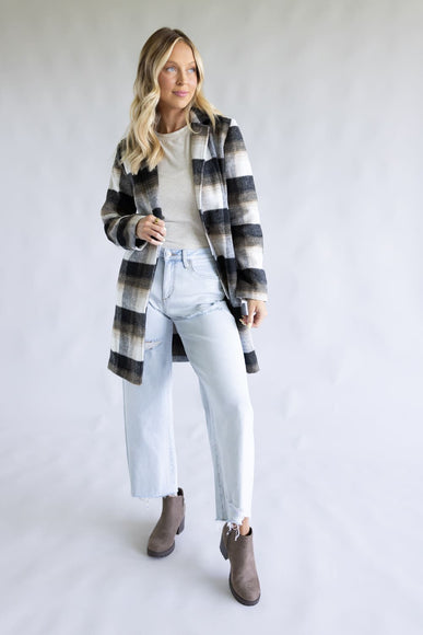 Love Tree One Button Plaid Long Coat for Women in Combo Black 