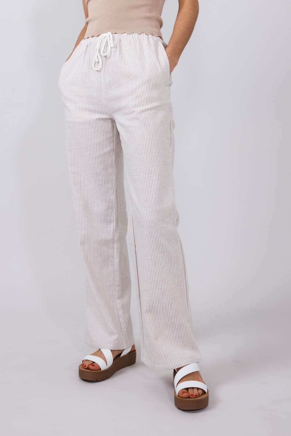 Love Tree Pinstripe Drawstring Linen Pants for Women in