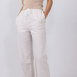 Love Tree Pinstripe Drawstring Linen Pants for Women in Khaki