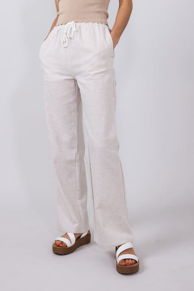 Love Tree Pinstripe Drawstring Linen Pants for Women in Khaki