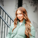 Love Tree Waist Length Puffer Jacket for Women in Green | 80192JH-GRASSGREEN