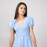 Smocked Bodice Puff Sleeve Tiered Dress for Women in Blue