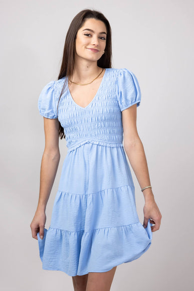 Smocked Bodice Puff Sleeve Tiered Dress for Women in Blue