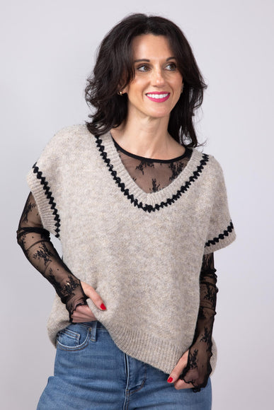 Aaron & Amber Embroidered V-Neck Sweater Vest for Women in Oatmeal