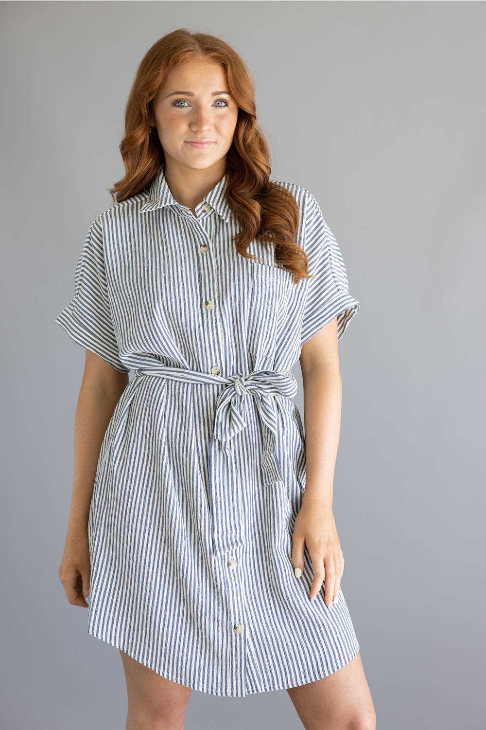 Striped Button Front Tie Waist Midi Dress for Women in Navy/Cream 