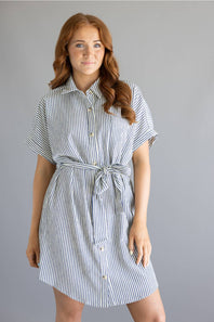 Striped Button Front Tie Waist Midi Dress for Women in Navy/Cream 