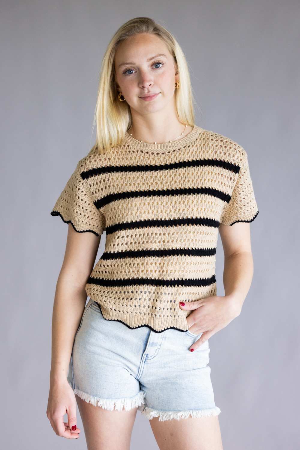 Striped Crotchet Knit Sweater Top for Women in Brown/Black